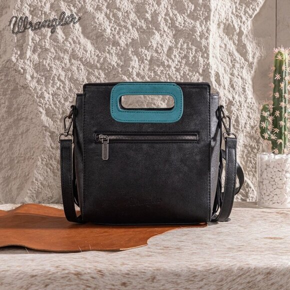 WG193-2003 Wrangler Top Handle Boot Scroll Fringe Tote/Crossbody -Black - Picture 4 of 4